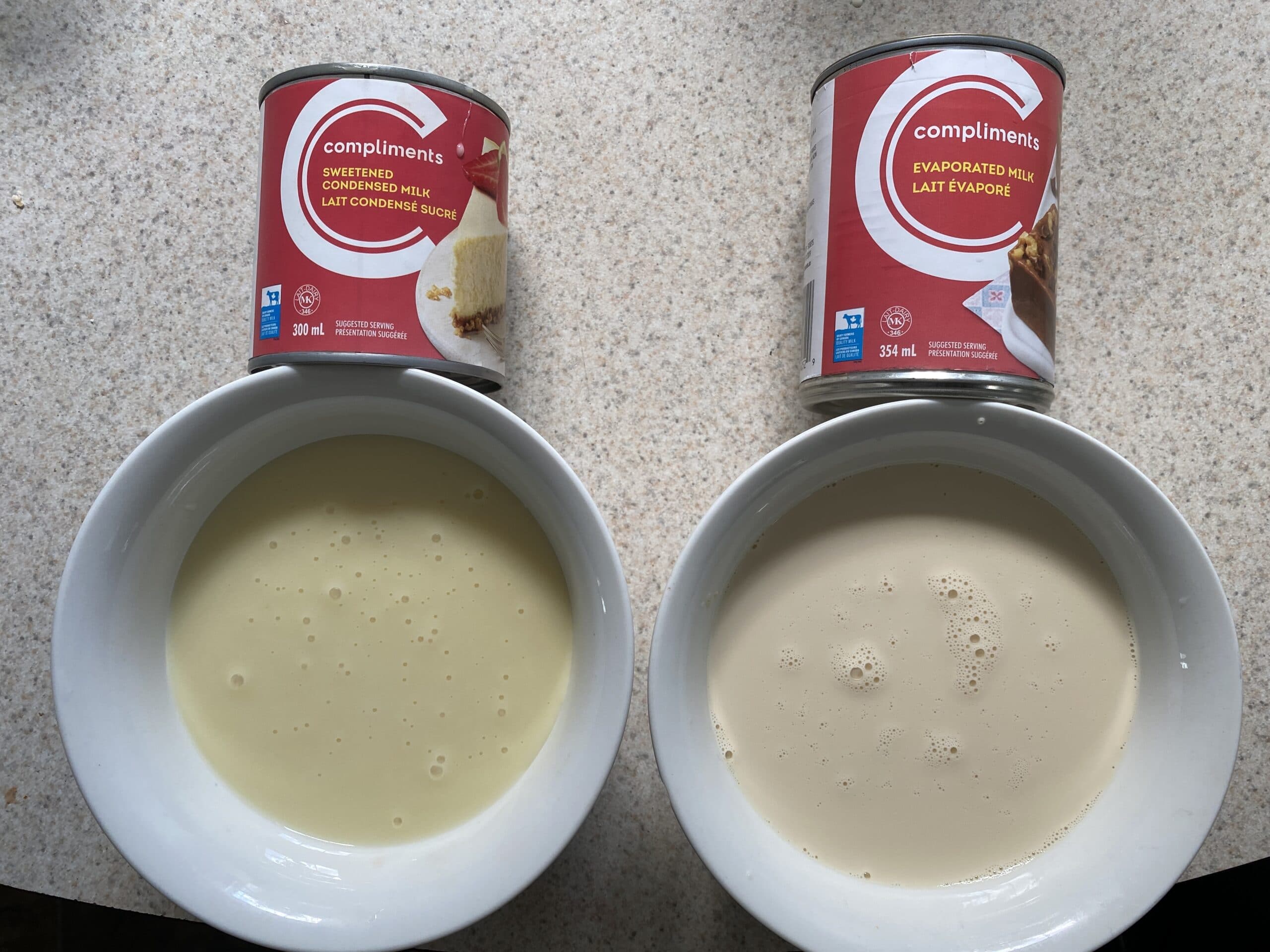 Two bowls filled with condensed milk versus evaporated milk to show the difference in texture.