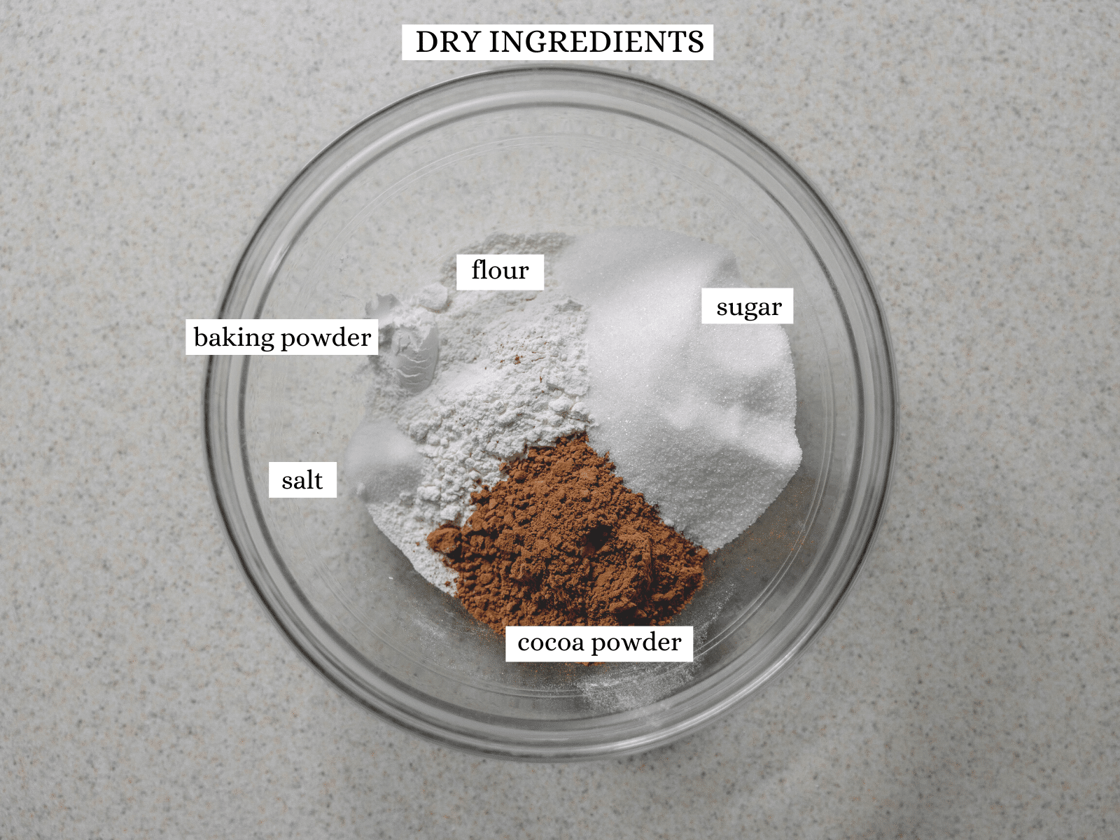 The dry ingredients (flour, cocoa powder, salt, baking powder and sugar). 