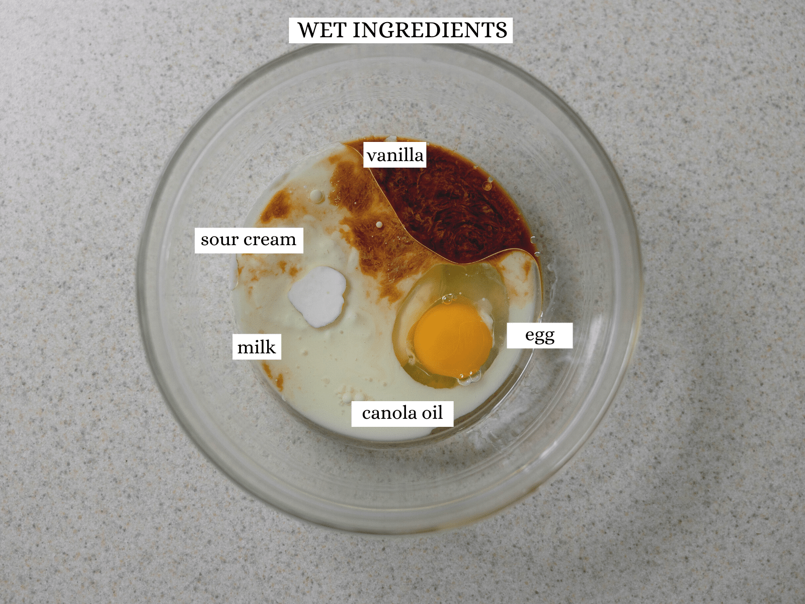 The wet ingredients (vanilla, sour cream, milk, an egg and canola oil).